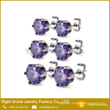 Stainless Steel Purple Round Shaped Cubic Zirconia Ear Studs